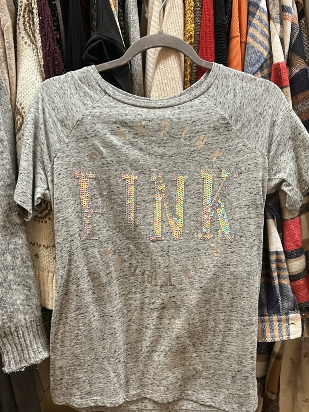 PINK Victoria's Secret Gray Short Sleeve Tee with Iridescent Sequin Logo